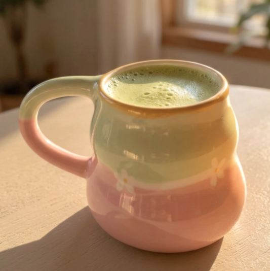 taza de ceramica en verde y rosa pastel con flores pintadas a mano