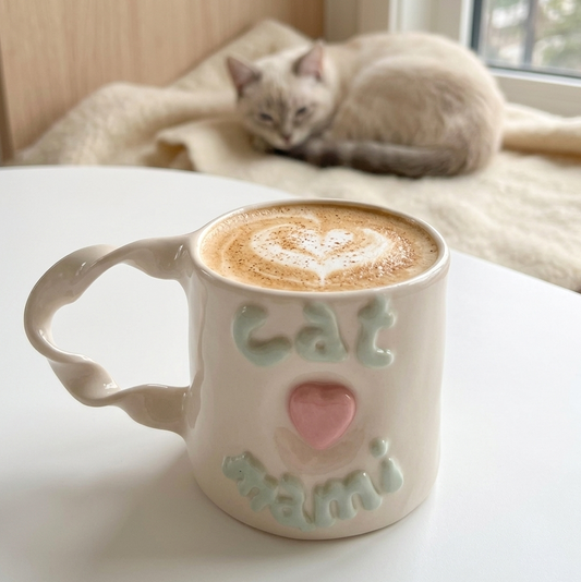 taza para amantes de los gatos, con relieve y corazón en rosa pastel