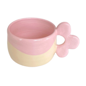 taza de ceramica con asa de flor en color rosa y amarillo pastel