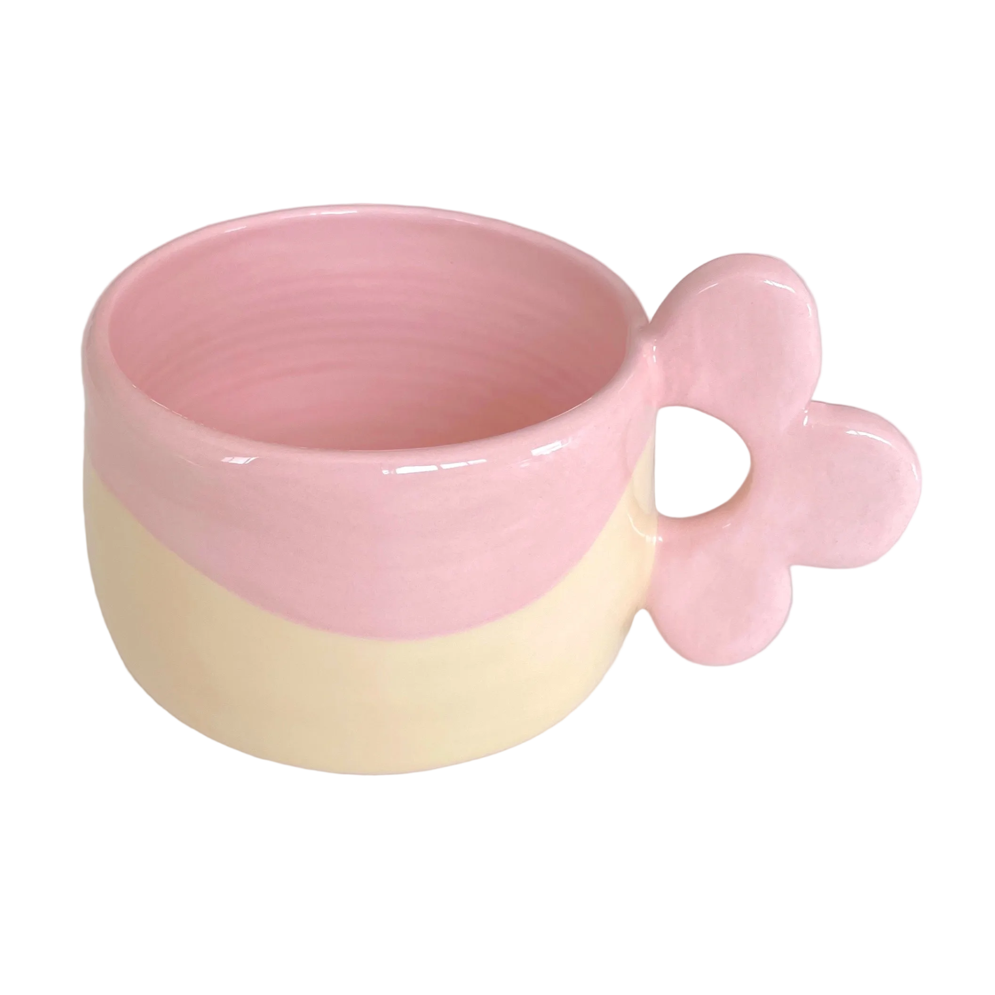 taza de ceramica con asa de flor en color rosa y amarillo pastel