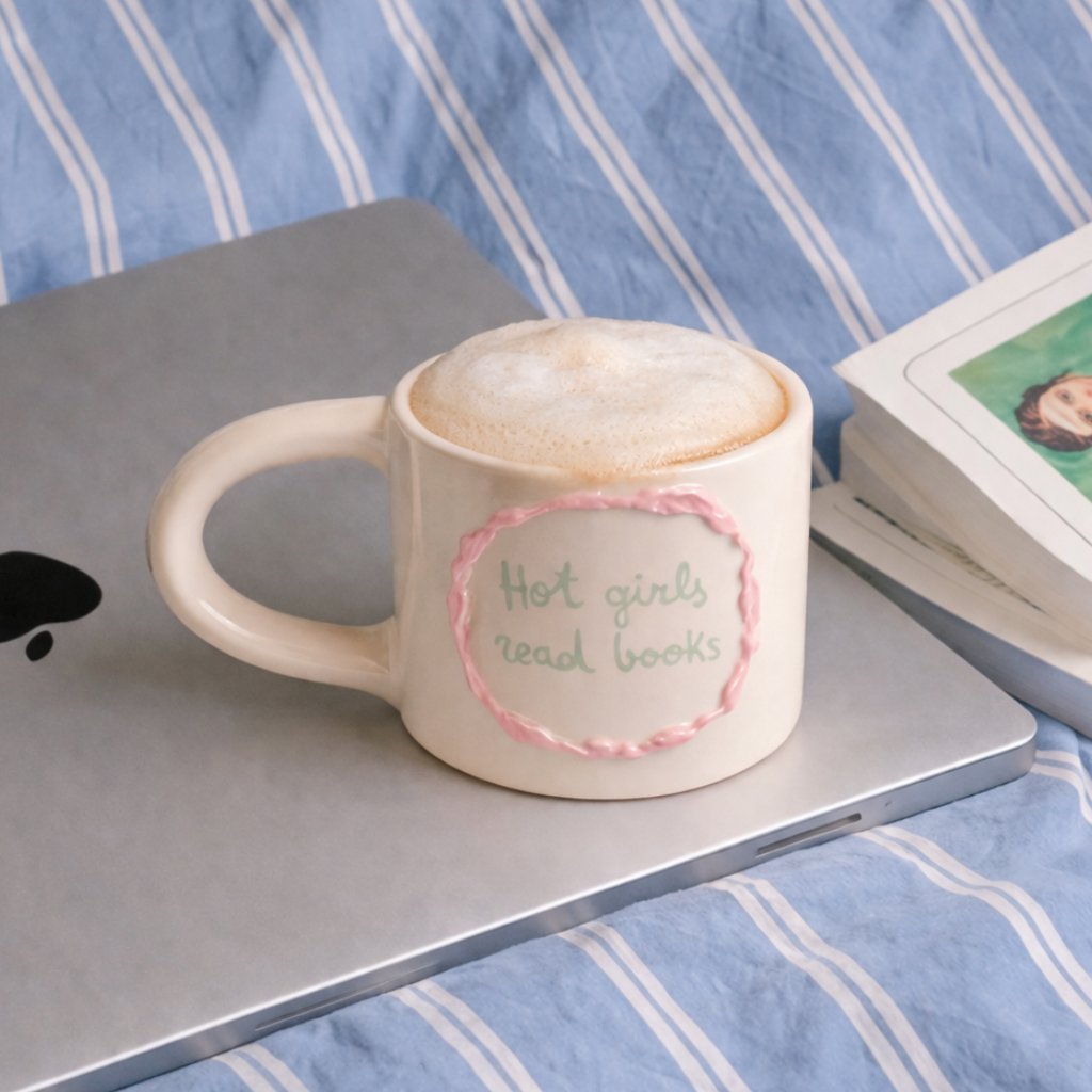 taza de cerámica hecha a mano con frase Hot girls read books y marco en relieve rosa de Pipa and Happy