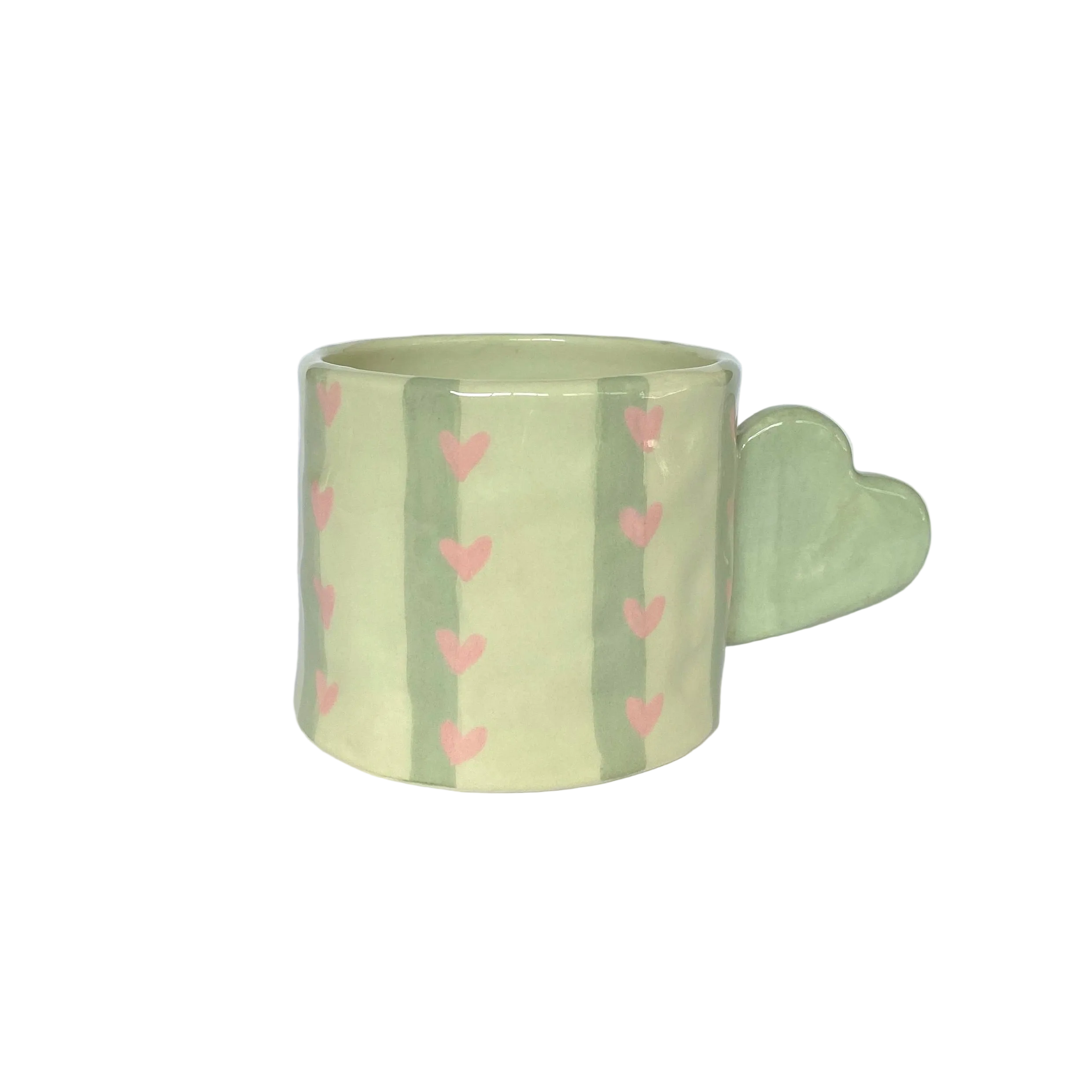 Taza de cerámica pintada a mano con asa de corazón, rayas verdes y corazones rosas