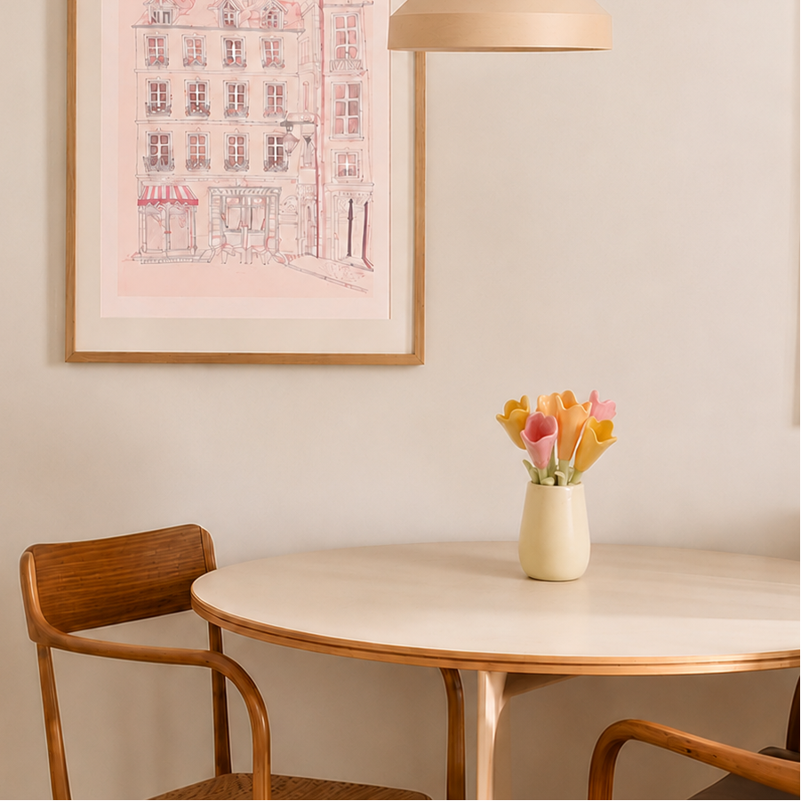 jarrón de ceramica con tulipanes de color rosa amarillos y naranjas