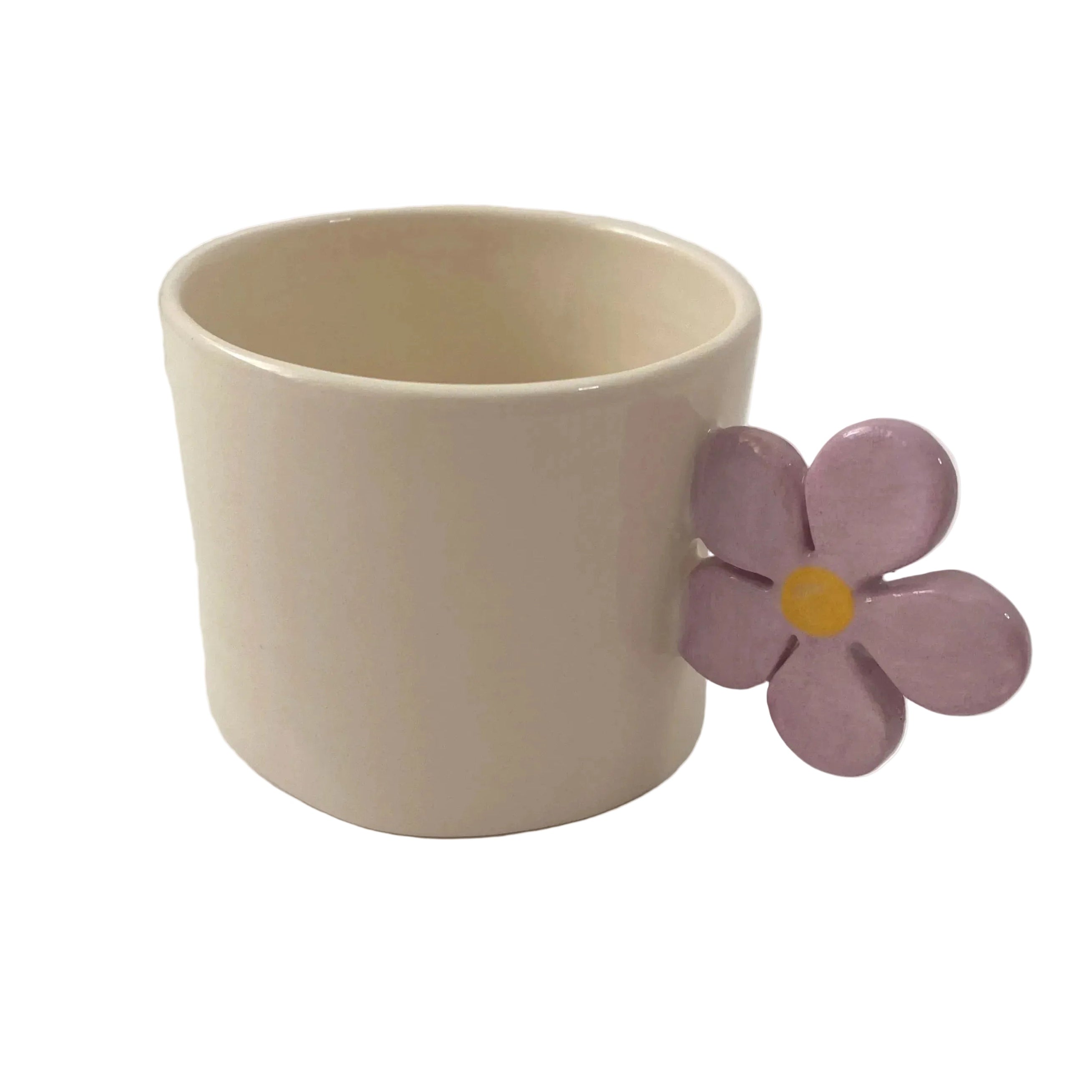 taza de cerámica artesanal con asa en forma de flor violeta hecha a mano ideal para espresso