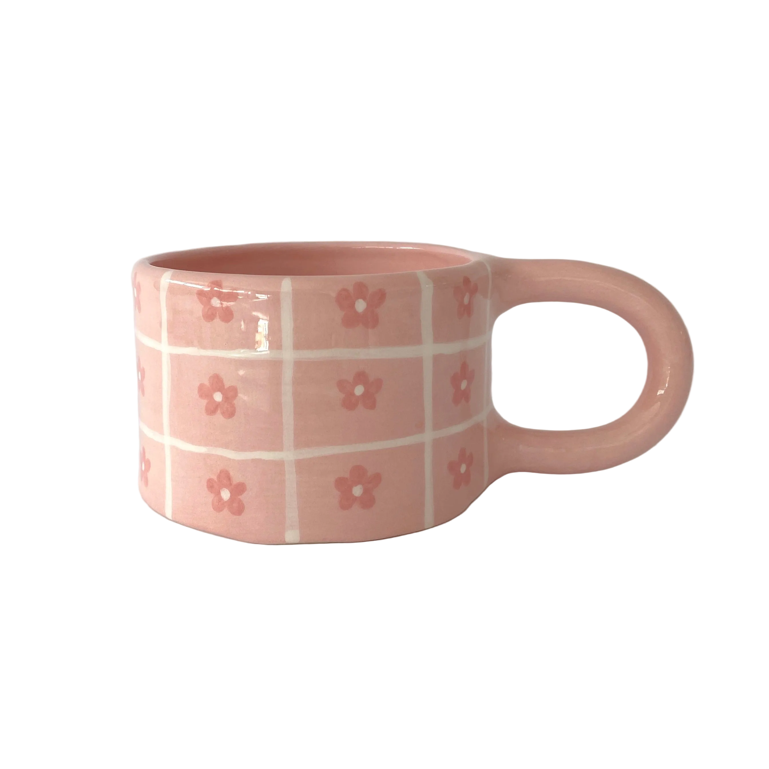 taza de cerámica con rayas y flores pintadas a mano en rosa pastel