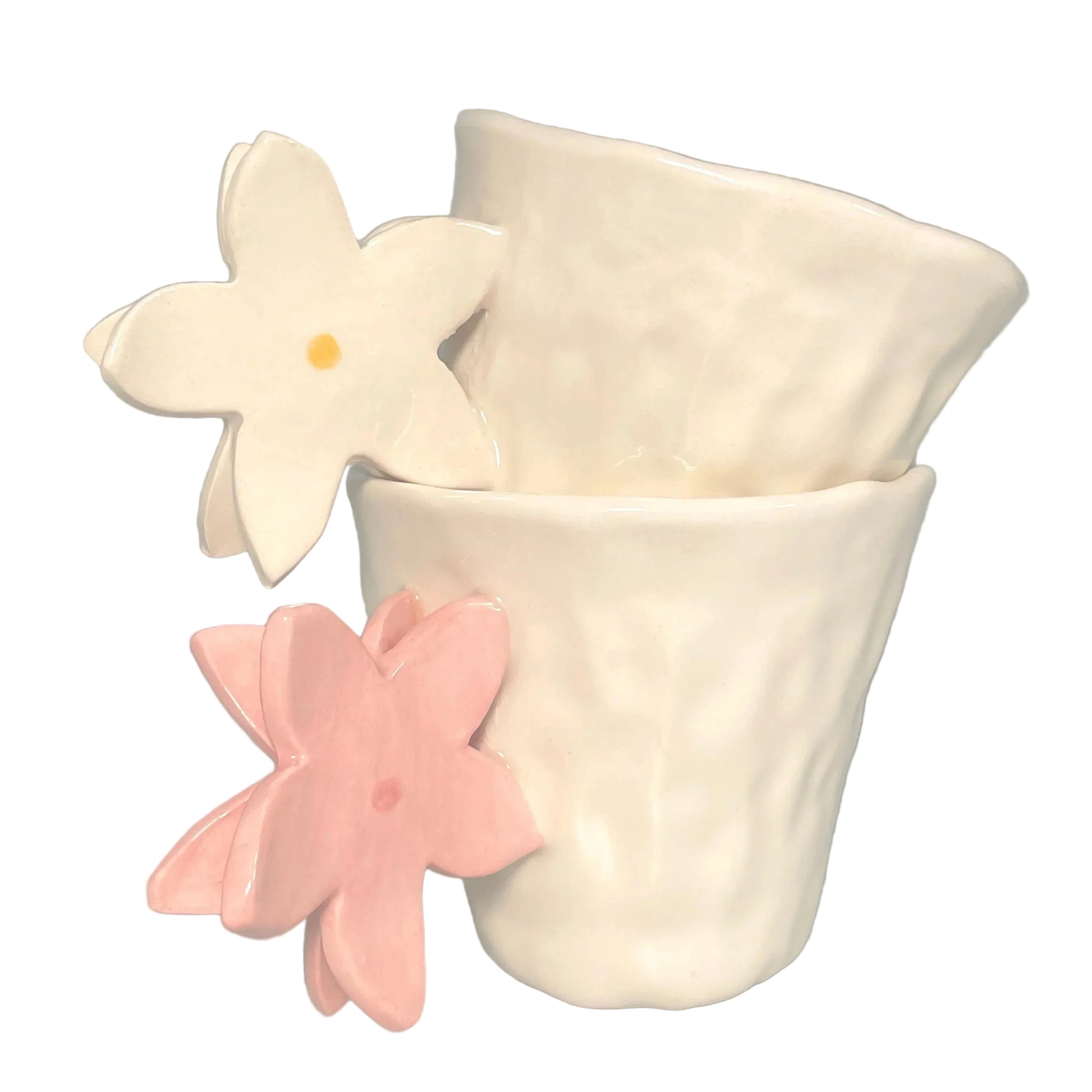tazas con asa de flor de Bali en blanco y rosa pastel