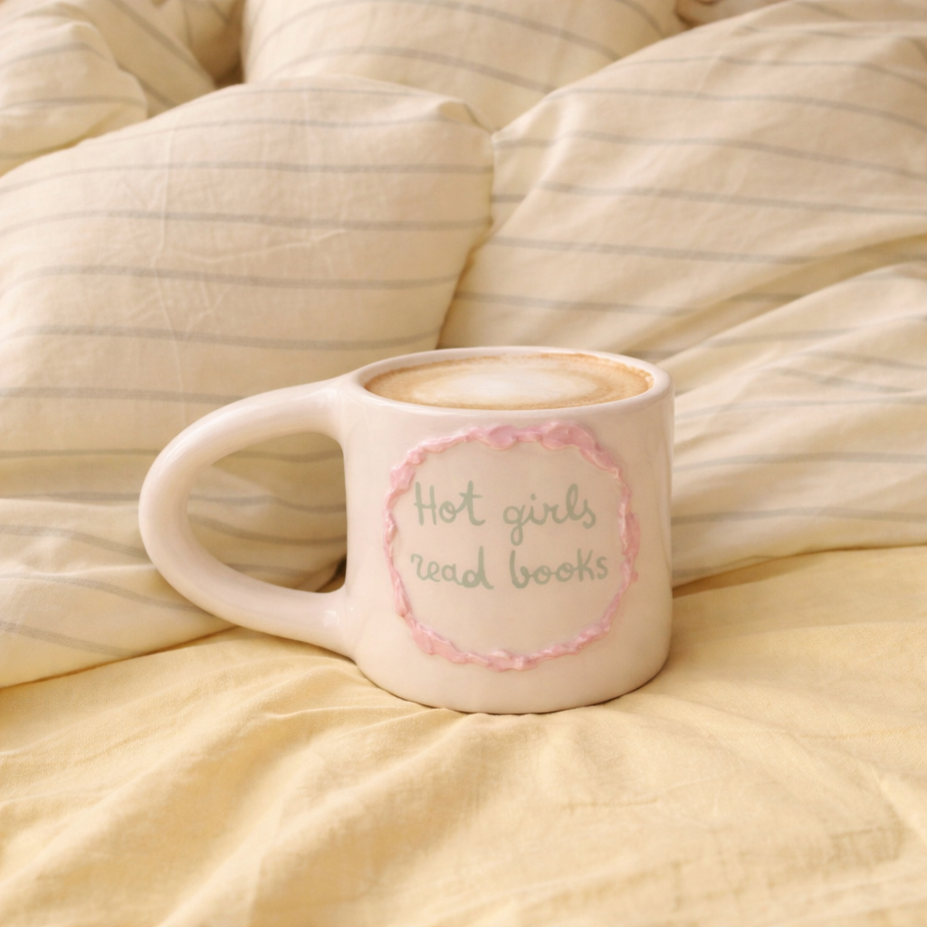 taza de cerámica hecha a mano con frase Hot girls read books y marco rosa pastel de Pipa and Happy