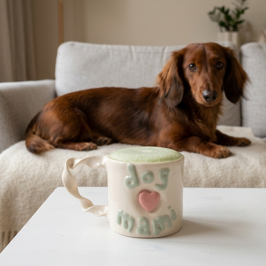 taza dog mami para las amantes de los perros, con corazón en relieve rosa pastel