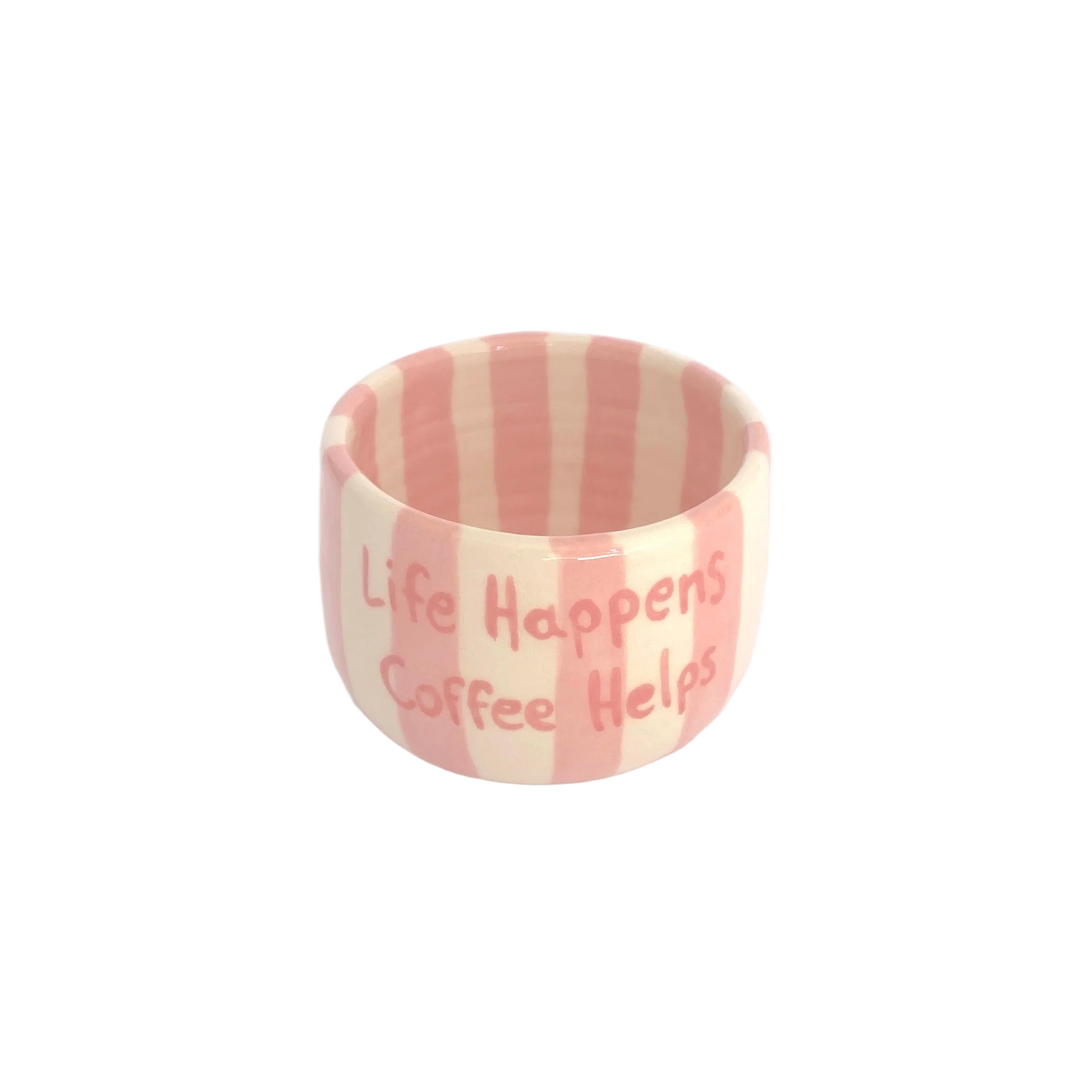 taza espresso con rayas rosas pastel y frase life happens coffee heps