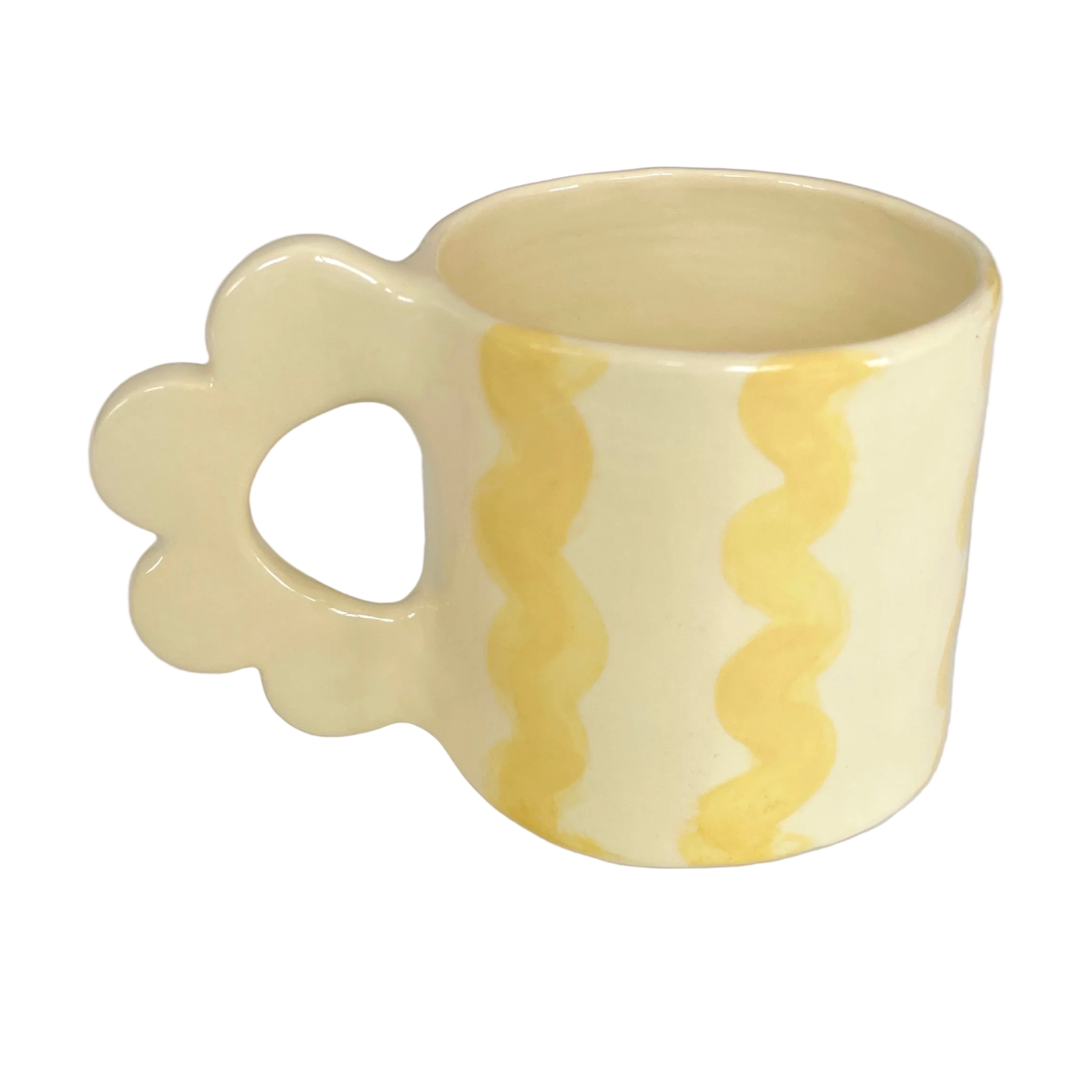 taza de ceramica con asa de flor en color amarillo pastel con rayas amarillas