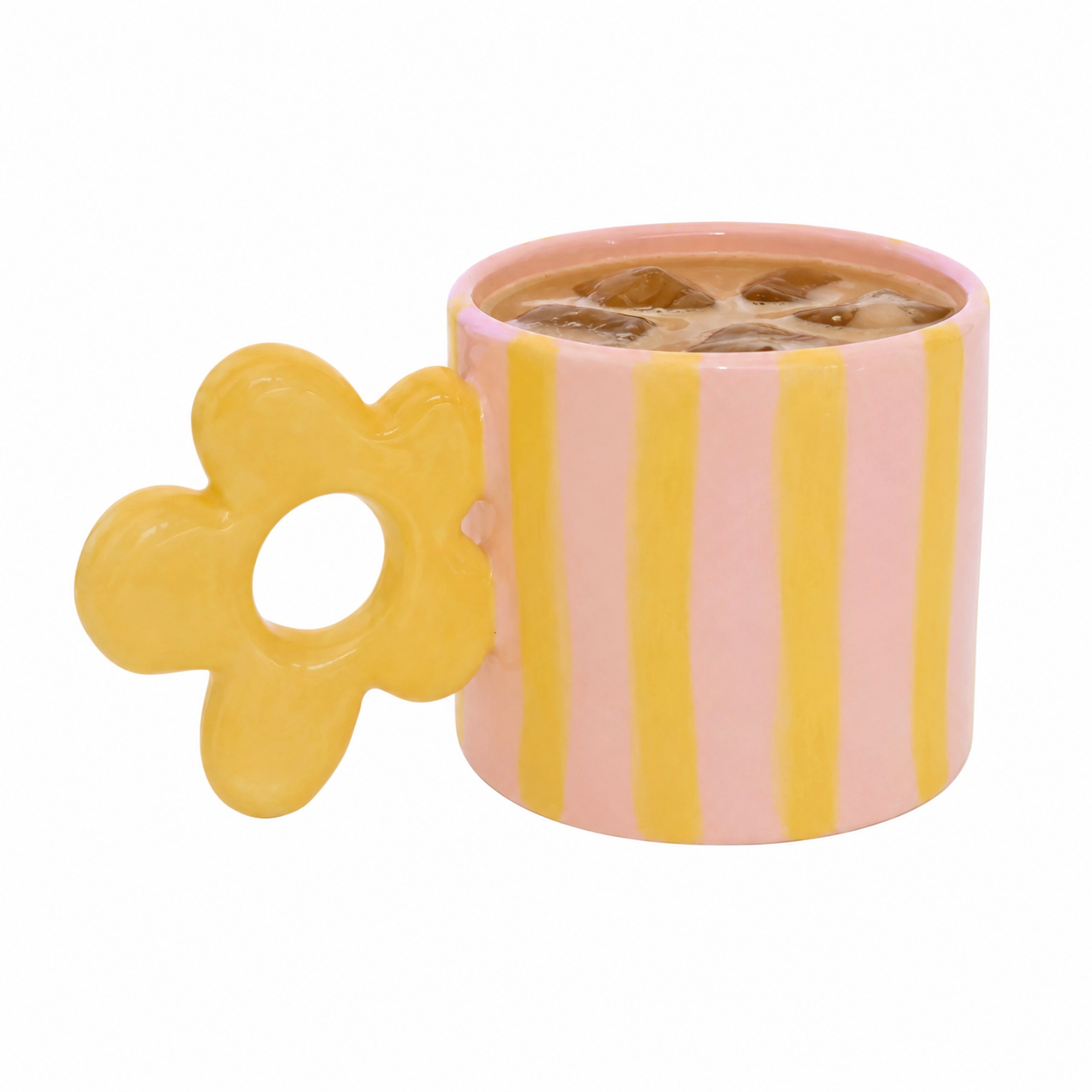 taza con asa de flor y rayas amarillas y rosas hecha a mano por pipa and happy