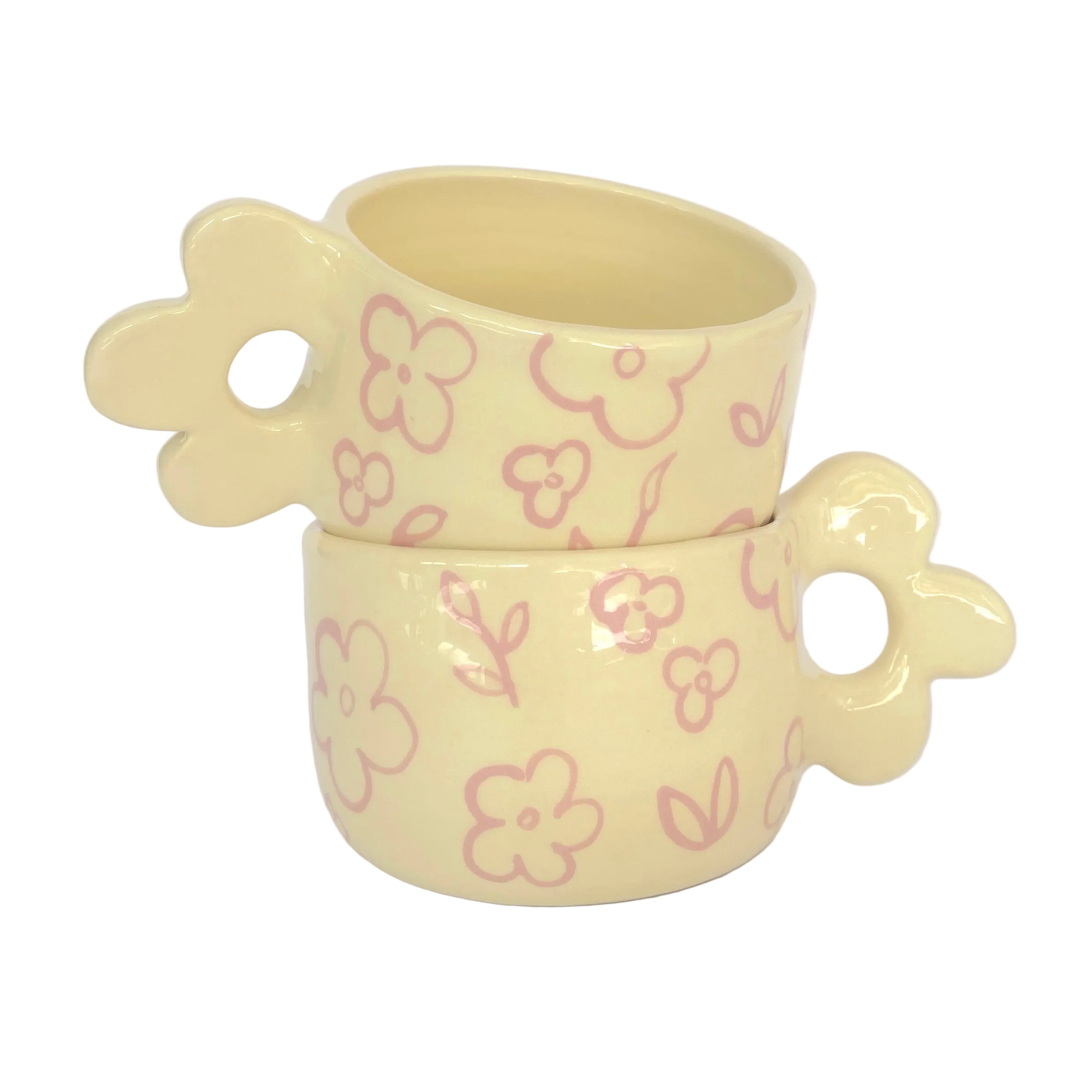 taza con asa de flor en color amarillo pastel y flores rosas pintadas