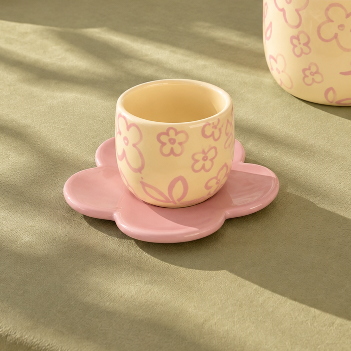 taza espresso con plato de flor en rosa pastel